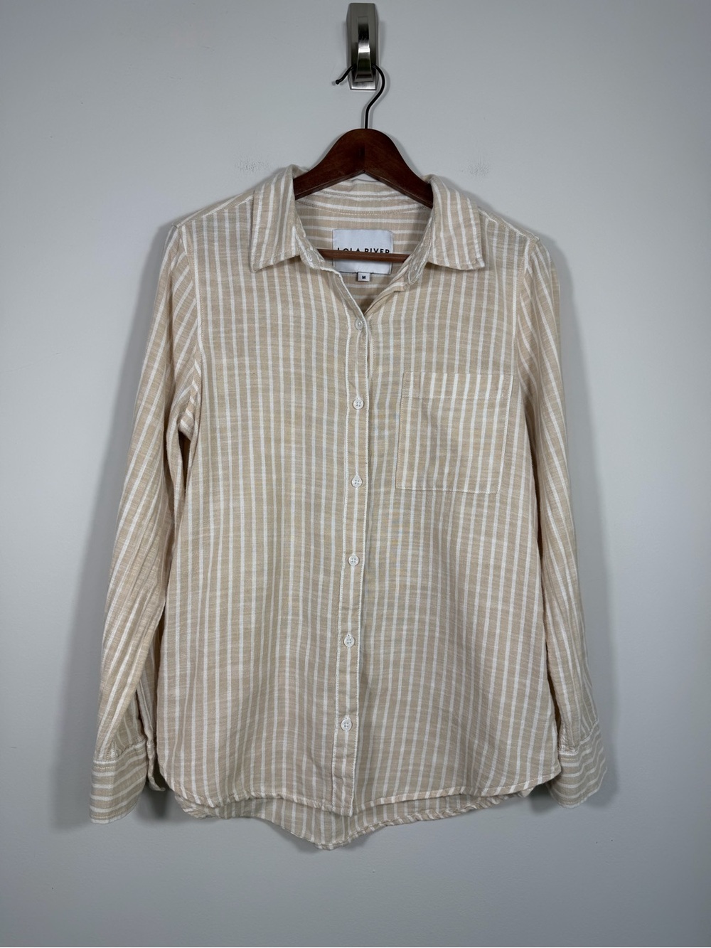 Lola River Beige Stripe Cotton Button Down Shirt Medium